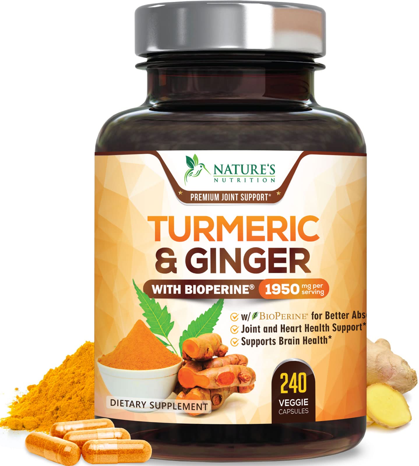 Turmeric Curcumin with BioPerine & Ginger 95% Standardized Curcuminoids 1950mg - Black Pepper for Max Absorption, Herbal Joint Support, Nature's Tumeric Extract Supplement, Vegan - 240 Capsules